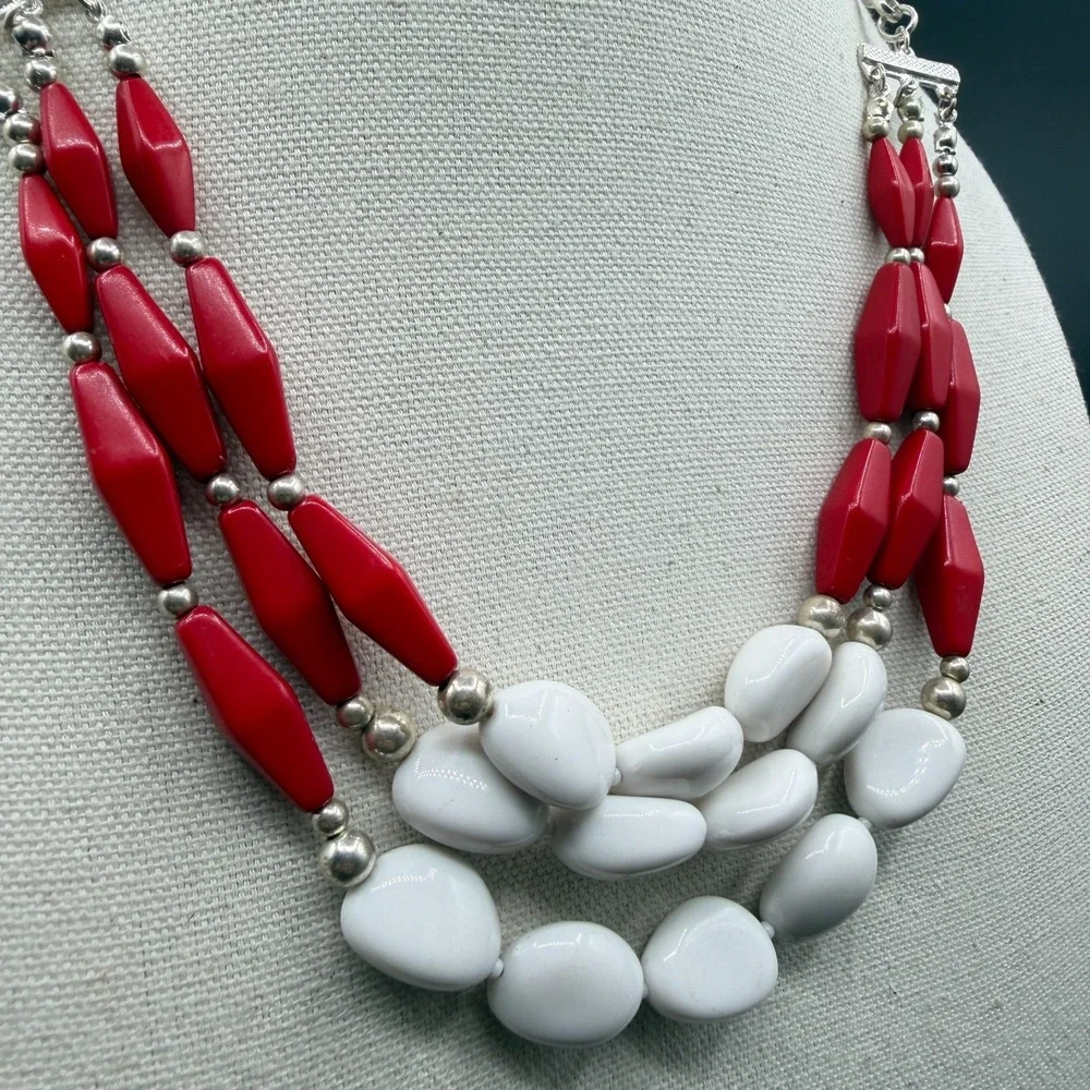 Red White Beaded Statement Necklace Silver Tone Triple Strand Chunky Boho Gift
